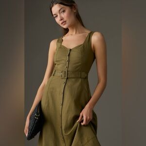 PAIGE 8 Anthropologie Arienne Midi Military Green Midi Dress Button Up Belt Chic